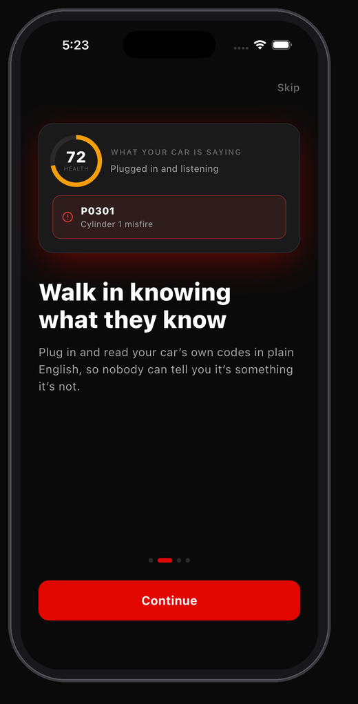Connected car app screen in the Pista app