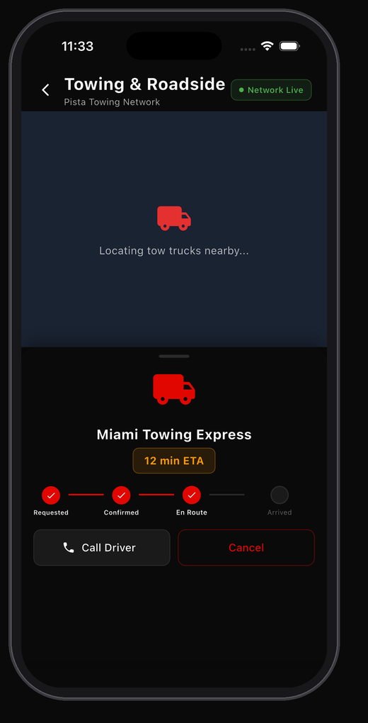 Connected car app screen in the Pista app